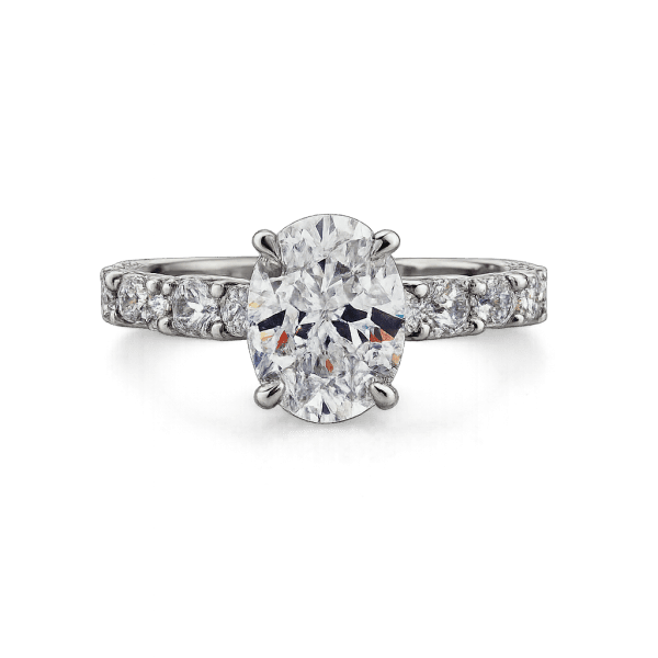 Tacori RoyalT oval diamond engagement ring in platinum with pavé crescent-detailed band, at Rodan Jewellers Vancouver
