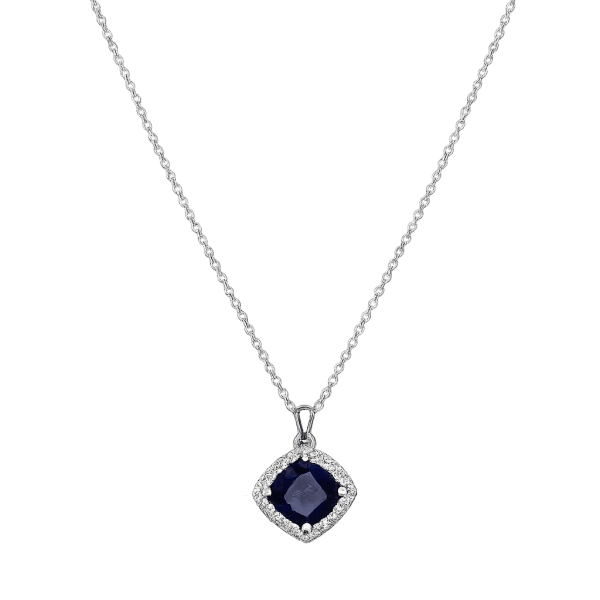 Cushion Blue Sapphire Diamond Halo Pendant in 10K White Gold