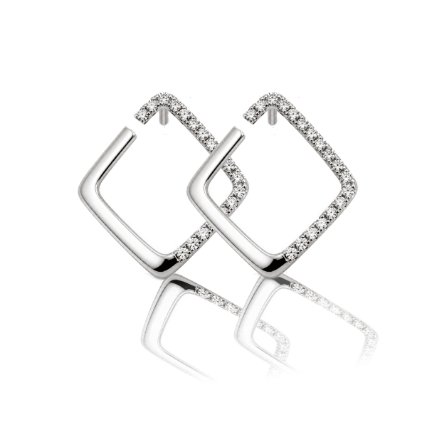 Open geometric square diamond earring in 14K white gold, pavé-set with D-E/VVS-VS round brilliants — Rodan Jewellers Vancouver