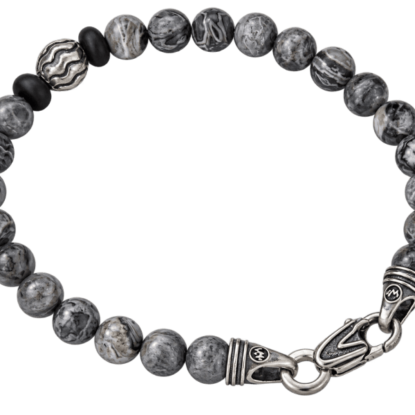 Men's Brookings silver agate and matte onyx beaded bracelet with ornate sterling silver clasp at Rodan Jewellers Vancouver.