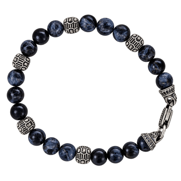 Pietersite beaded bracelet with oxidized sterling silver stations and sculpted 925 clasp, mens fine jewellery