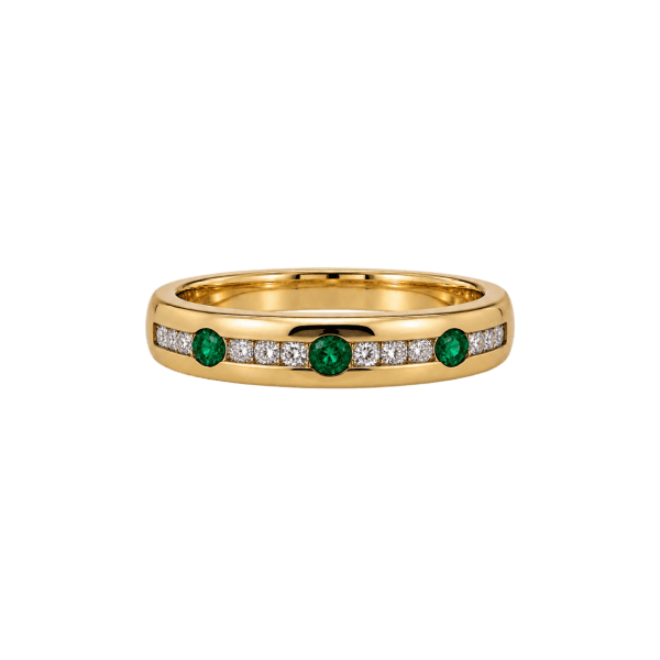 14K yellow gold band with channel-set round emeralds and diamonds, Rodan Jewellers Vancouver