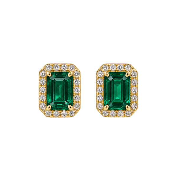 Emerald-cut simulated emerald halo stud earrings with natural diamonds in 10K yellow gold, Rodan Jewellers Vancouver