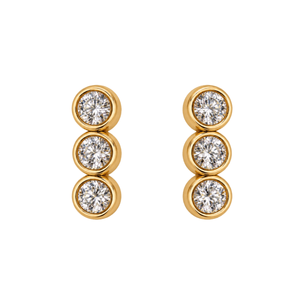 Bezel-set three-stone diamond drop earrings in 14K yellow gold from Rodan Jewellers Vancouver