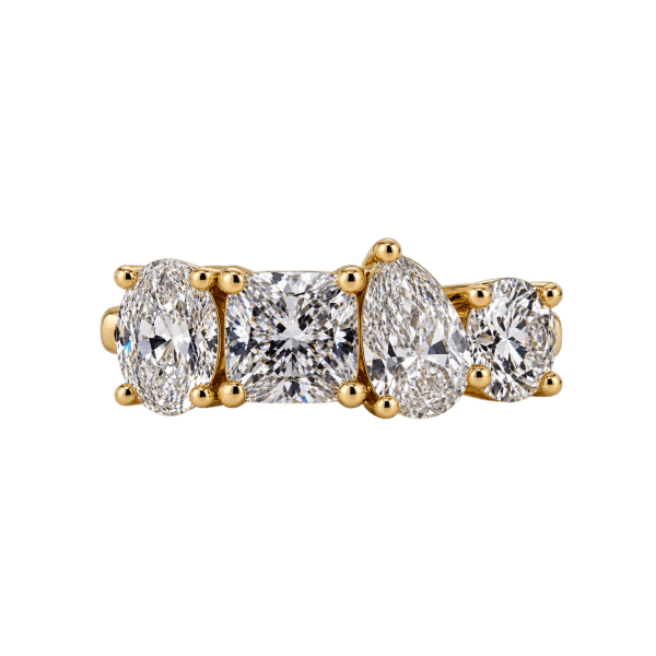 Mixed-shape lab-grown diamond ring in 14K yellow gold with oval, cushion, pear and round diamonds, 3.22ctw — Rodan Jewellers Vancouver.