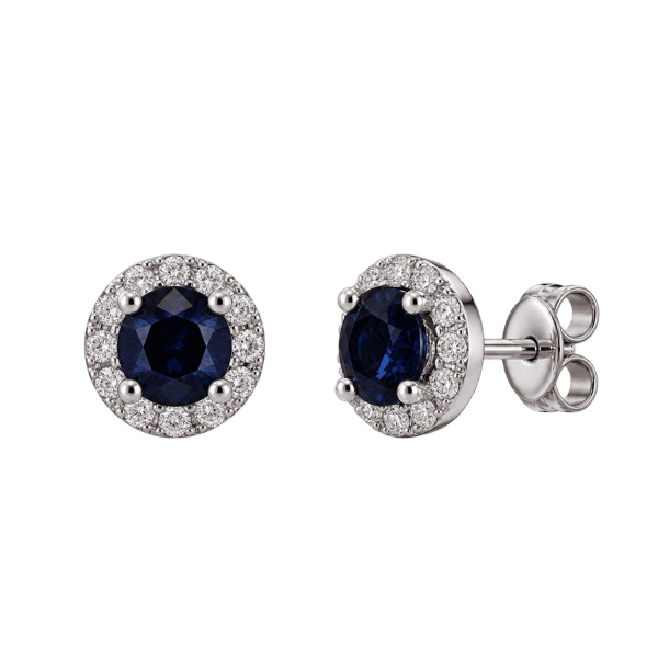 Blue sapphire and diamond halo stud earrings in 10K white gold at Rodan Jewellers Vancouver