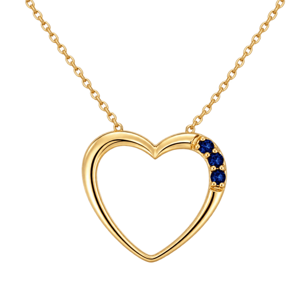 10K yellow gold open heart pendant with three blue sapphires on a cable chain — Rodan Jewellers Vancouver