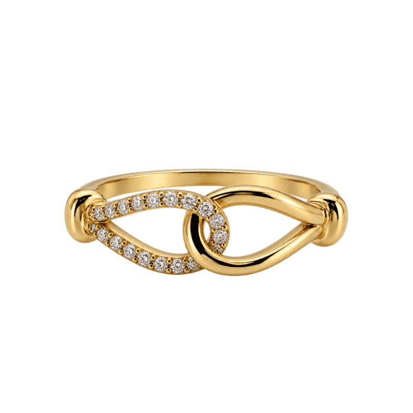 Diamond interlocking loop ring in 10K yellow gold with pavé diamonds, at Rodan Jewellers Vancouver