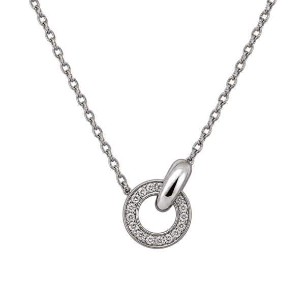 14K white gold Love Knot necklace with pavé diamond interlocking circle pendant on a fine chain, at Rodan Jewellers Vancouver.