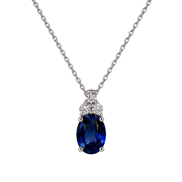 Oval blue sapphire and diamond pendant in 10K white gold on a fine chain, Rodan Jewellers Vancouver