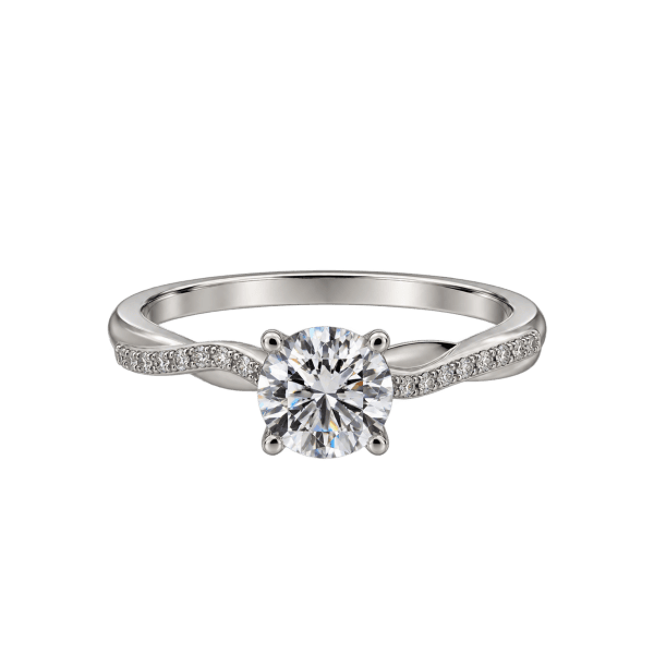 Twisted pavé diamond engagement ring setting in 14K gold with empty four-prong centre — Rodan Jewellers Vancouver.